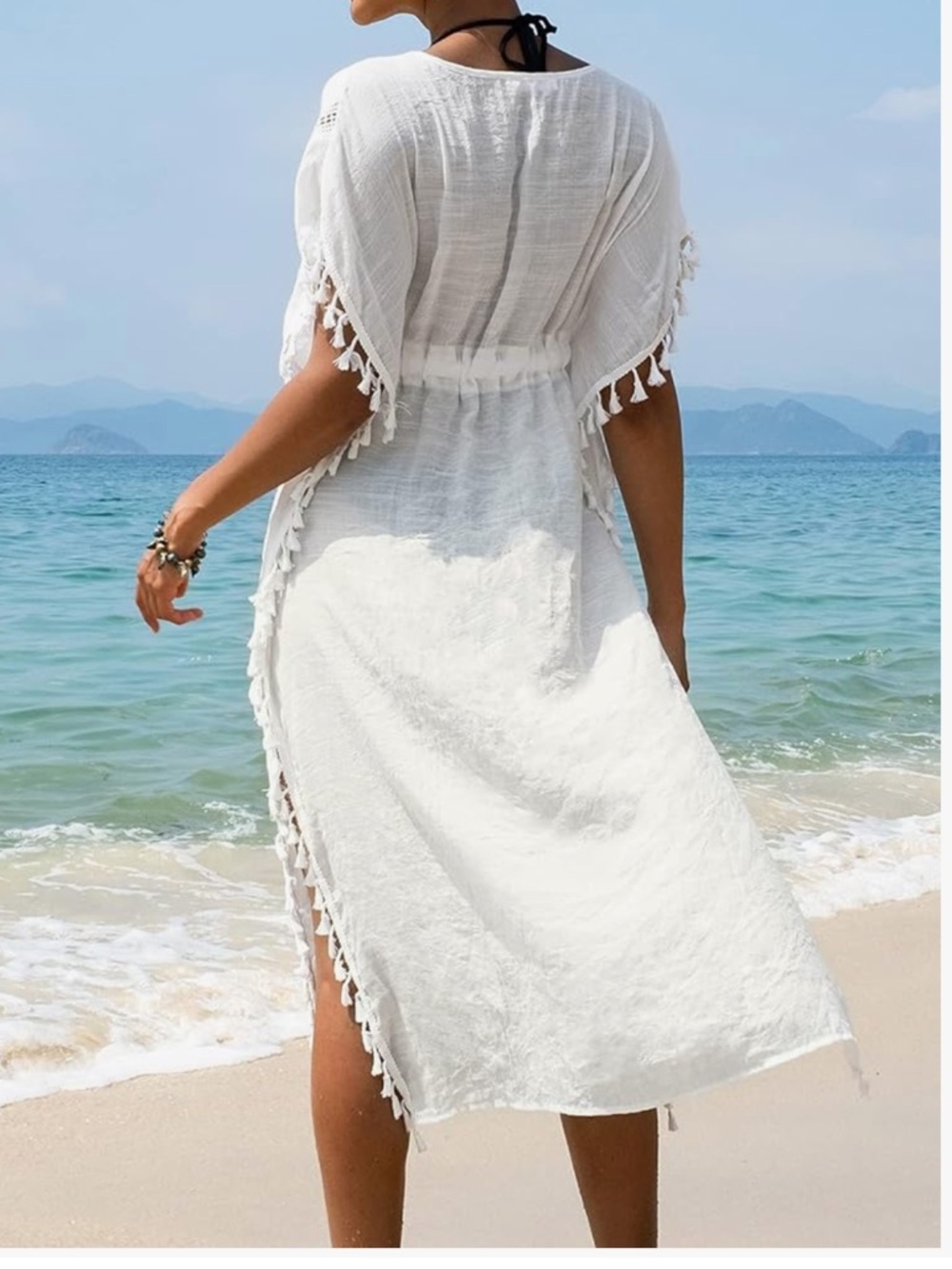 Cupshe White Tassel-Trim Belted Midi Swim Cover-Up Kaftan Small NWT - Picture 2 of 9